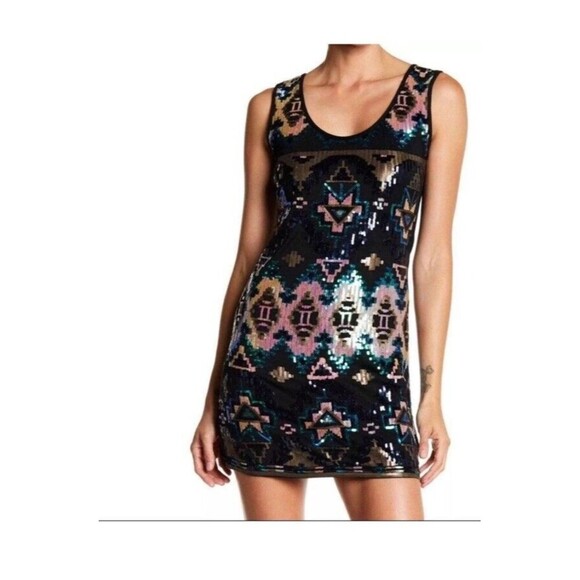 Papillon Women Sequin Geometric Design Tank Mini Dress Sleeveless Black Sz Small - Picture 1 of 6